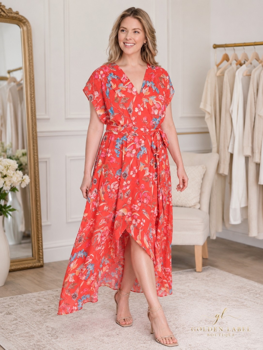 Eliza J Plus Size 20W Coral Floral Faux Wrap Chiffon Maxi Dress NWT